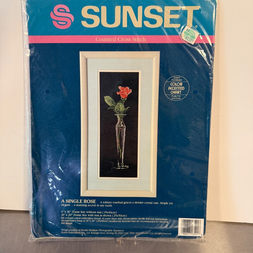 Sunset Counted Cross Stitch Kit A Single Rose 13521‎ Floral Vintage DIY New
